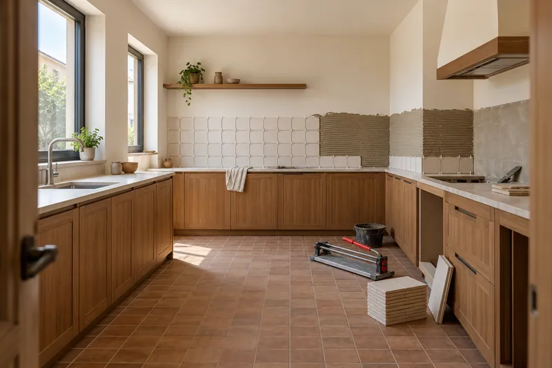 Visualización conceptual IA: Colocación de azulejos con separadores y adhesivo sobre una pared de cocina.
