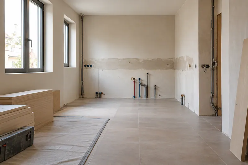 Visualización conceptual IA: Tuberías de suministro y desagüe durante la renovación de una cocina.