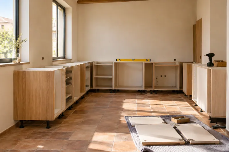 Visualización conceptual IA: Módulos de cocina en montaje con puertas pendientes de colocar.